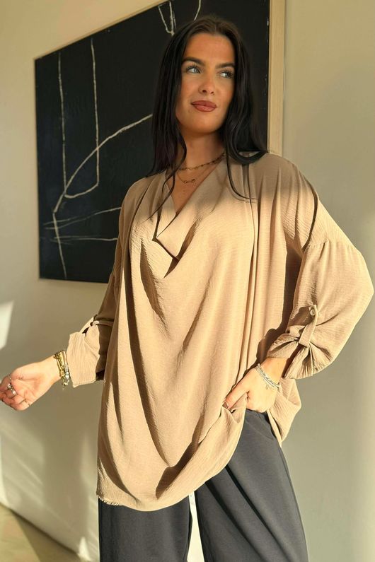 Suki Drape Cowl Blouse Camel -
